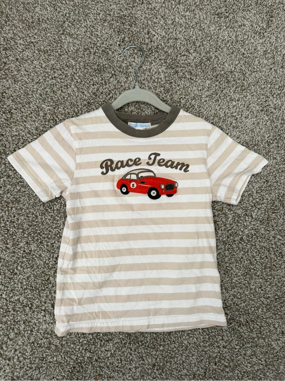 Janie and Jack Beige-and-White Stripe 'Race Team' Tee with Red Car